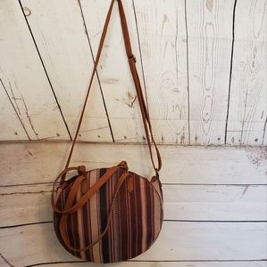 Tapestry striped round boho crossbody bag blue, red, tan